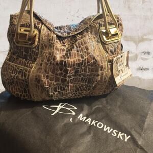 B Makowsky NWT Gold Snakeskin Print Leather Satchel Tote Shoulder Handbag Purse